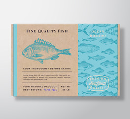 Wall Mural - fish pattern realistic cardboard container. abstract vector seafood packaging design or label. moder