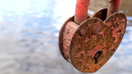 Poster - red lock as heart fastened to the fence embankment.