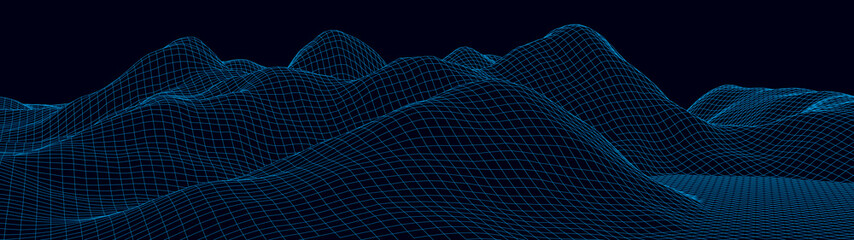 Vector wireframe 3d landscape. Technology grid illustration. Network of connected dots and lines. Futuristic background.