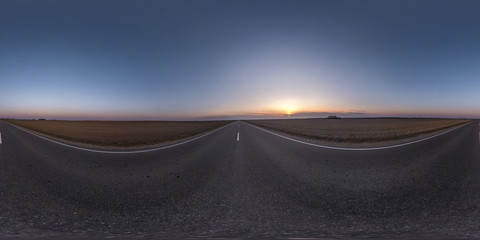 Wall Mural - full spherical seamless hdri panorama 360 degrees angle view on no traffic asphalt road among fields