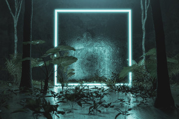Fototapete - 3d rendering of blue lighten square shape with light beam surrounded by tropical vegetation