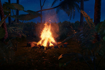 Wall Mural - 3d rendering of big bonfire with sparks in the jungle forest at the night