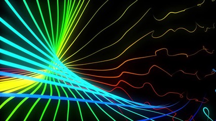 Poster - Abstract chaotic motion multicolored waving lines texture at black background. Cyber technology digital landscape .