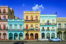 Havana Cuba Typical Collection Of Old Vintage Colored Houses In Downton With A Sunny Blue Sky.