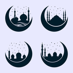 Wall Mural - Mosque silhouette on crescent moon isolated on white background. Vector illustration.