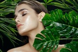 Fototapeta  - beautiful woman green leaves charm cosmetics