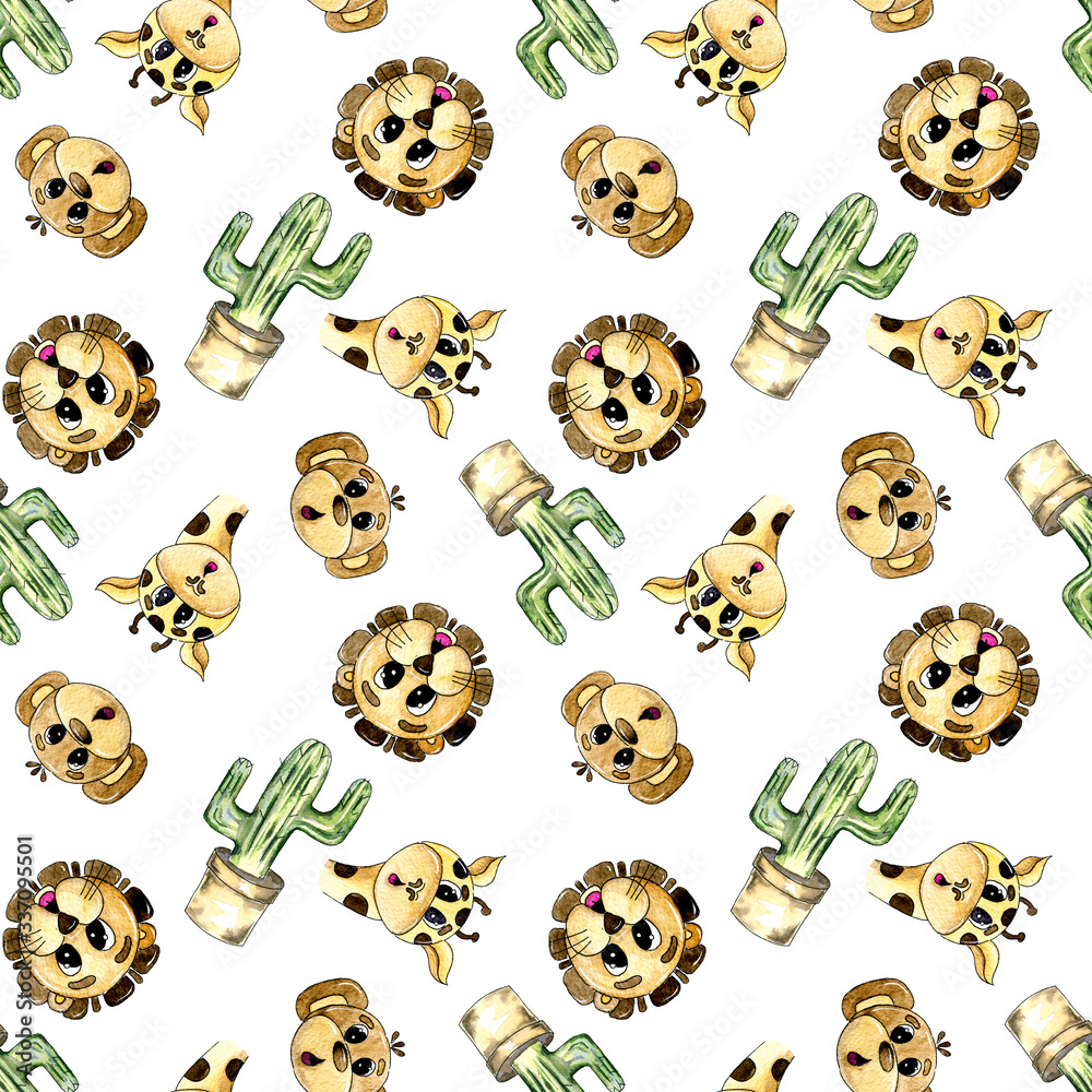 watercolor kids pattern with lion monkey giraffe and cactus Stock ...