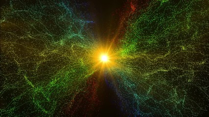 Poster - Golden glitter light circle, sparkling shine glow oval and light digital waves with multicolored particles