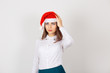 © hbrh - worried stressed overwhelmed young woman wearing red santa claus hat, looking up