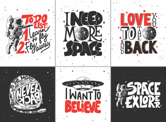 set of vector engraved style posters, decoration and t-shirt design. hand drawn sketches of space, u