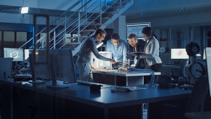 Poster - Diverse Team of Electronics Development Engineers Standing at the Desk with 3D Printer and PCB Motherboards. Specialists Working on Ultra Modern Industrial Design, Using Advanced Technology