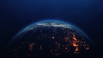 close-up view of blue earth from space at night and day lights on planet loop animation. beautiful s
