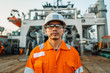 Filipino deck Officer on deck of vessel or ship , wearing PPE personal protective equipment - helmet, coverall, lifejacket, goggles. Safety and work at sea.