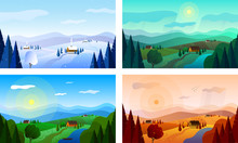 Vector Set Of Seasons Illustrations. Spring, Summer, Autumn, Winter Landscapes.