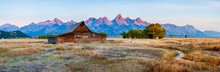 Panorama Of The Historic Mormon Barn In Front Of The Grand Tetons At Sunrise, Grand Teton National Park, Wyoming