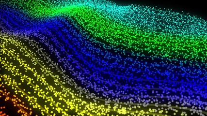 Poster - Colorful particles atomic waves abstract seamless motion animation, 3D render on black background.