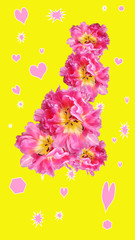 Wall Mural - Modern collage of terry pink tulip on a bright yellow background. Concept background, flowers, holiday.