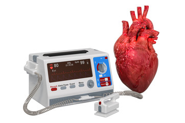 Poster - Defibrillator with human heart, 3D rendering