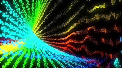 Poster - Colorful particles atomic abstract seamless loop animation, 3D render on black background.