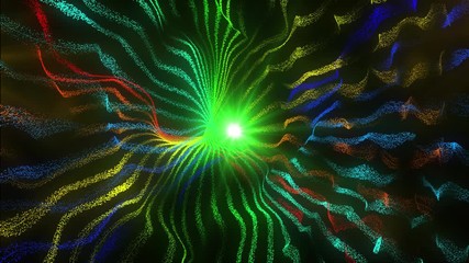 Poster - Green glitter light circle and light digital waves with multicolored particles moving looped, 3d animation, slow motion