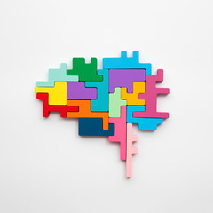 Wall Mural - Brain shape made from wooden puzzle blocks. Locical thinking side of the brain