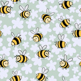 Fototapeta Dinusie - Seamless pattern with funny bees in cartoon technique. Cute insects fly over the meadow with flowers. Vector illustration for print, banner, textile, Wallpaper, fabric, etc