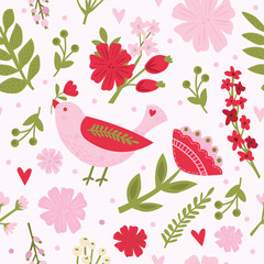 Wall Mural - Provence seamless vector cute bird pattern with wild poppy flower in a flat style. Floral fabric animal, summer illustration on a white background.