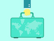 World map in the suitcase. Business man holds a suitcase in his hand. Travel and business concept. Flat design, vector illustration.