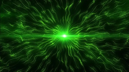 Poster - Green glitter light circle, sparkling shine glow oval and light digital waves with particles