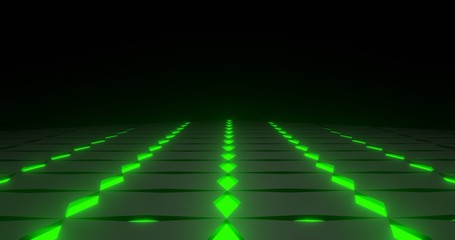Poster - Landscape Futuristic Floor Sci-Fi Abstract Green Neon Light On Black Background With Empty Space For Text 3D Rendering Illustration
