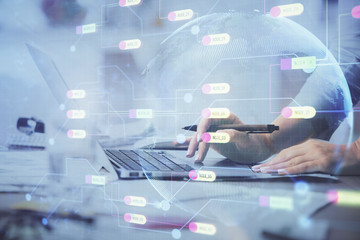 Aufkleber - Double exposure of woman hands working on computer and data theme hologram drawing. Tech concept.