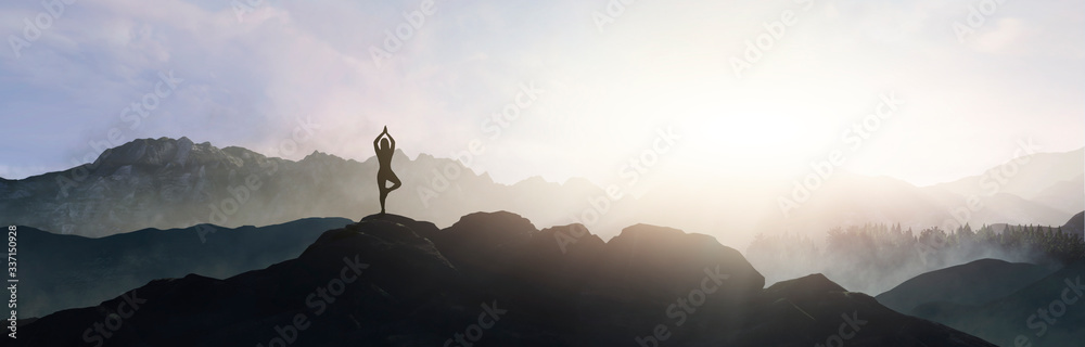 woman doing yoga on top of the mountain - obrazy, fototapety, plakaty 