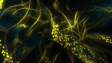 Poster - Abstract yellow waves with particles moving seamless randomly with bokeh blur on dark background