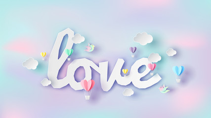 Calligraphy word of love floating on rainbow sky with hot air balloons and birds flying on sky. Happy Valentine's day. paper cut and craft style. vector, illustration.