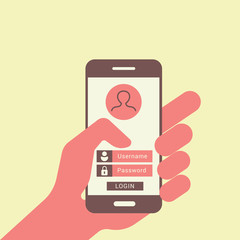 Poster - Hand holding smart phone with user login form page and sign in button. Username and password box