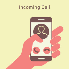 Poster - Incoming call on smartphone screen. Hand holds mobile phone.