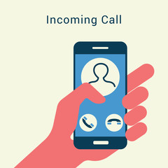 Poster - Incoming call on smartphone screen. Hand holds mobile phone.