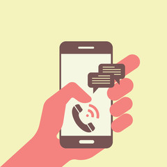 Poster - hand holding smartphone with chat messages. Text bubbles on phone screen