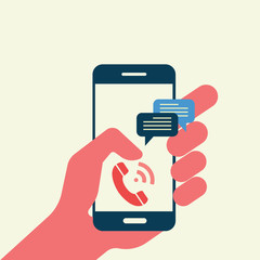 Poster - hand holding smartphone with chat messages. Text bubbles on phone screen