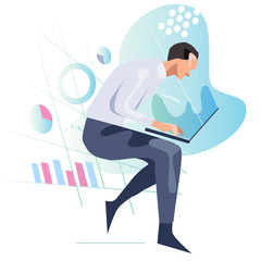 Poster - Man looking at laptop screen analyzing data and chart. Concept of statistics information