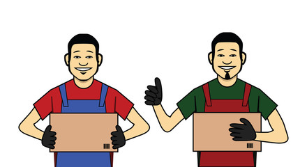 Canvas Print - Asian man holding box showing thumb up and smiling, copy space, vector eps10 illustration isolated on white background