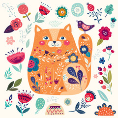 Wall Mural - Cute spring illustration with decorative yellow cat. 