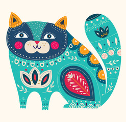 Wall Mural - Cute spring illustration with decorative blue cat. 