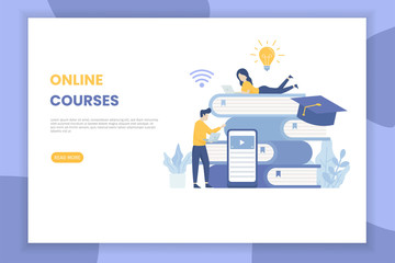 Wall Mural - online courses illustration landing page for site. Two people are studying online. This design can be used for websites, landing pages, UI, mobile applications, posters, banners