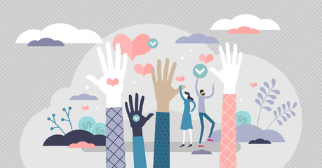 Wall Mural - Volunteering ready vector illustration. Raised hands flat tiny person concept