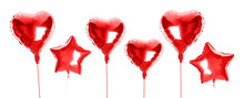 Set Of Red Foil Balloons On White Background. Banner Design