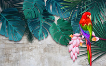 3d Illustration, Gray Grunge Background, Large Green Tropical Leaves And Bright Multi-colored Parrot