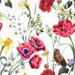 © zenina - Beautiful vector floral summer seamless pattern with watercolor red and yellow flowers. Stock illustration.