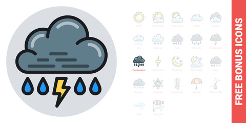 Wall Mural - Rain with thunder or thunderstorm icon for weather forecast application or widget. Cloud with raindrops and lightning bolt. Simple color version. Free bonus icons kit included