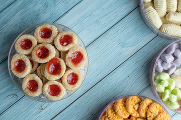 Tradition Thai Cookie on Rustic Blue Wood Table Background